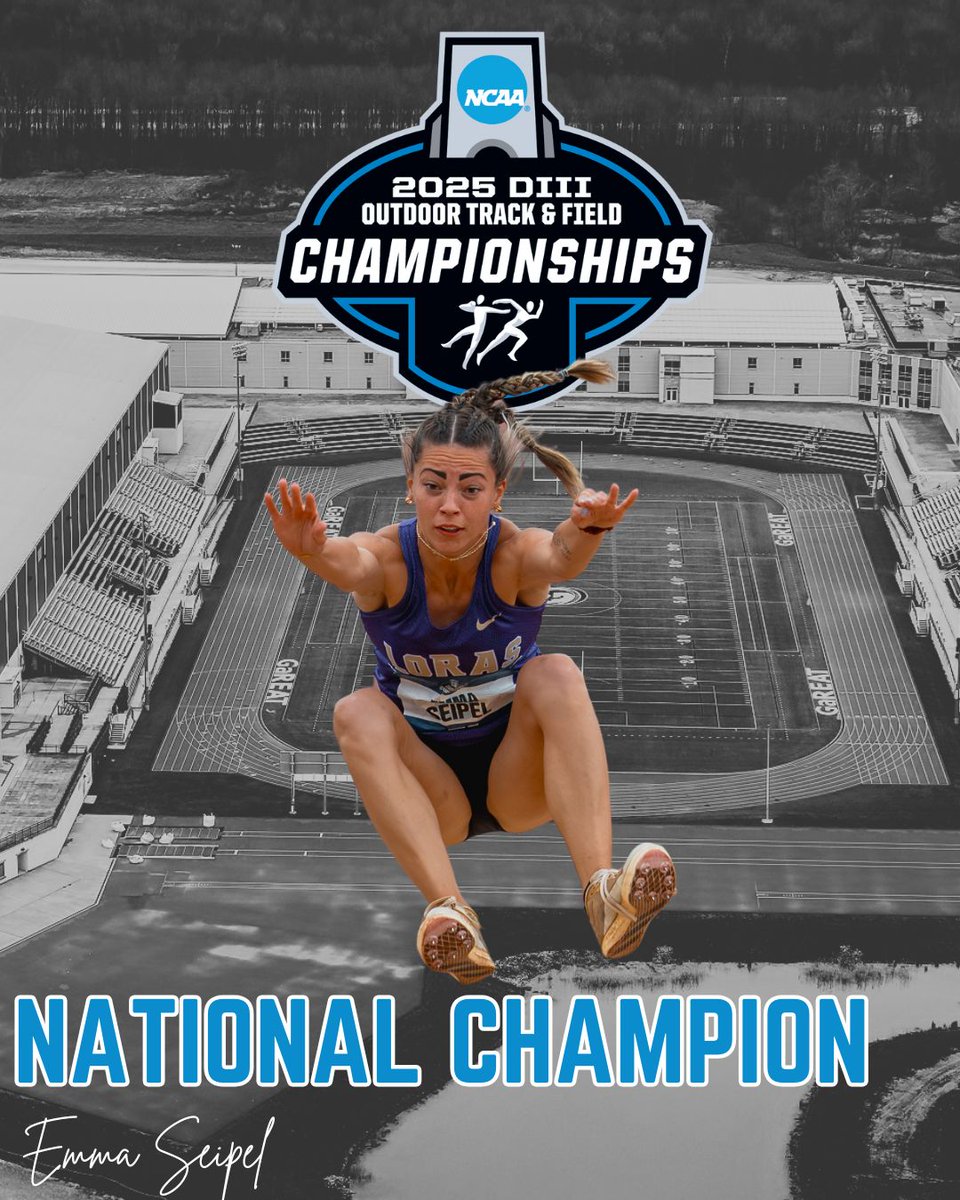 W🏃: National Champion 🏆

Emma Seipel, <a href="/LorasAthletics/">Loras College Duhawks</a> 

Seipel does it again in the long jump recording a mark of 6.15m to claim the national crown

#rollriversTF