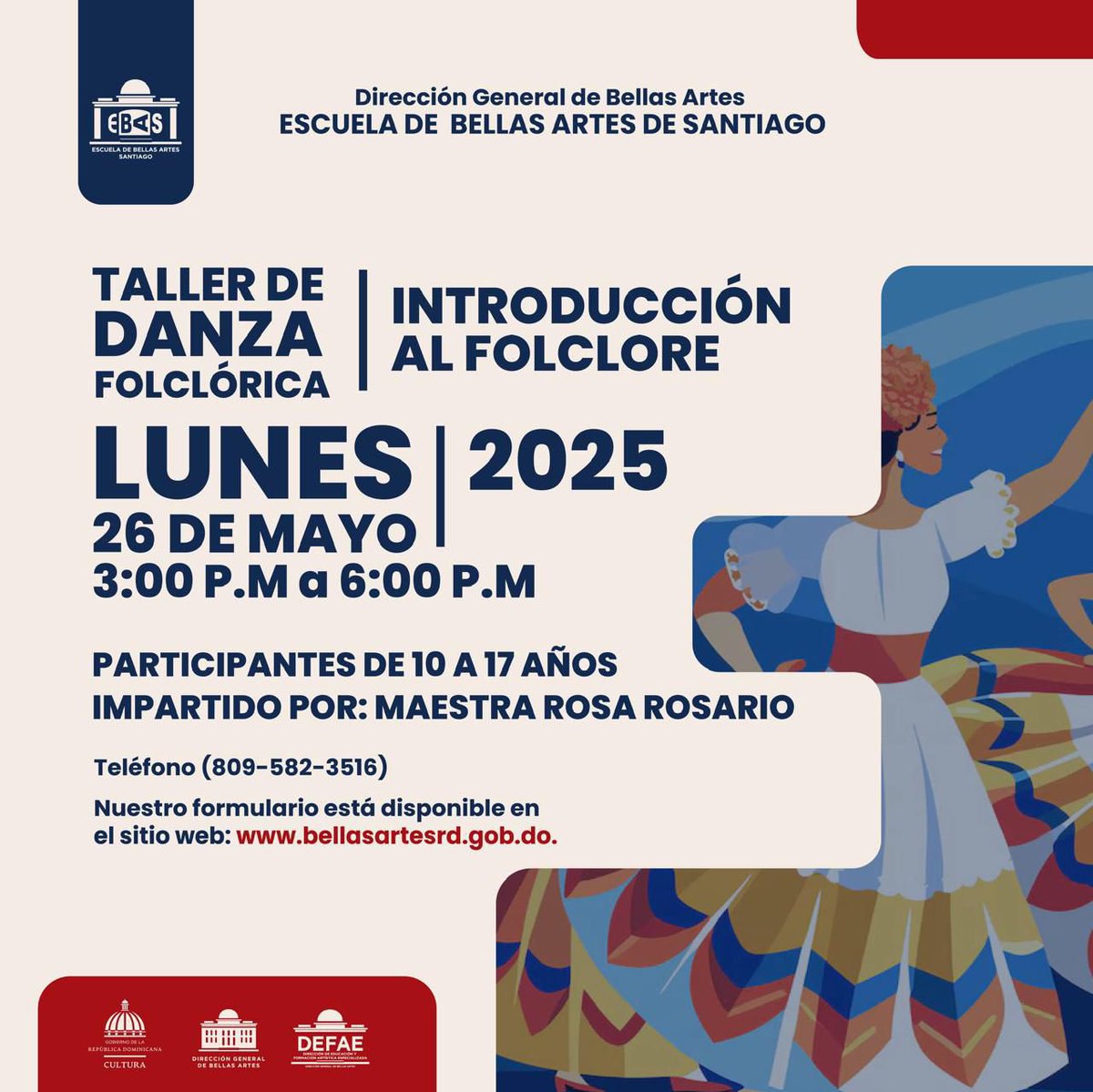 La Dirección General de Bellas Artes y la Escuela de Bellas Artes de Santiago invita al taller de teatro “La Magia del Movimiento”, impartido por Zuleica Cruz.
30 de mayo 2025
4:00 PM a 6:00 PM
👥 15 años + 

📞 Teléfono: (809) 582-3516

🔗 Formulario en bellasartesrd.gob.do