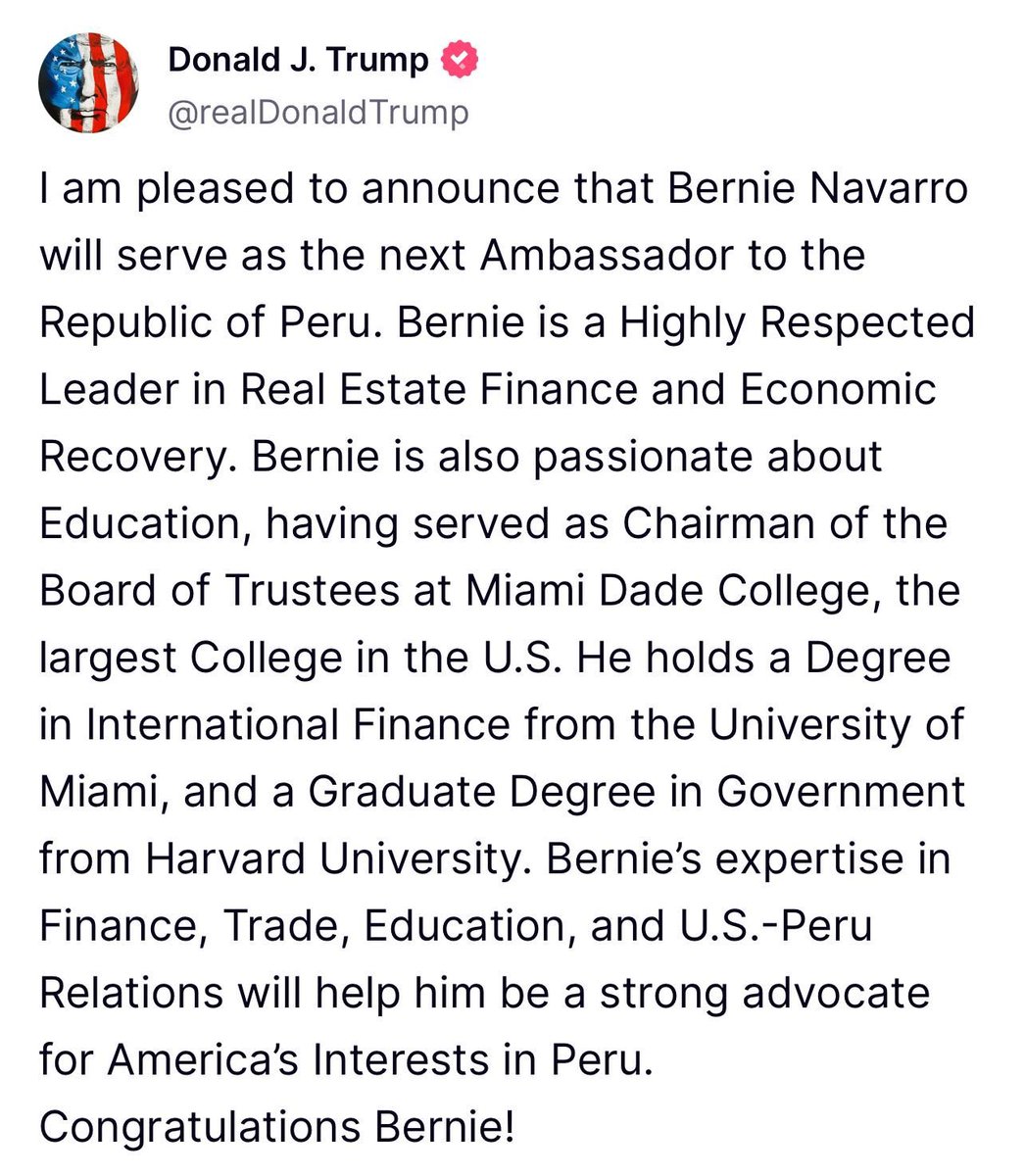 Rick Scott (@senrickscott) on Twitter photo Congratulations to my friend <a href="/BernieNavarro7/">Bernie Navarro</a>!
Bernie is highly respected throughout Florida and the country. He will do a fantastic job putting America first as our next Ambassador to the Republic of Peru. Congratulations to my friend <a href="/BernieNavarro7/">Bernie Navarro</a>!
Bernie is highly respected throughout Florida and the country. He will do a fantastic job putting America first as our next Ambassador to the Republic of Peru.