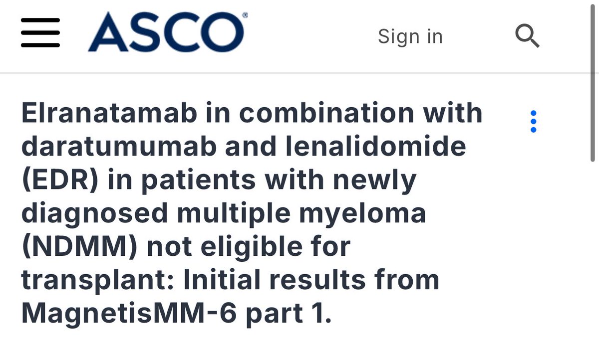 #ASCO25 Top myeloma abstracts #mmsm 

3️⃣ MagnetisMM-6 part 1

➡️ meetings.asco.org/abstracts-pres…

Elranatamab+ daratumumab+ lenalidomide
✅n=34 pts, median age: 75 years (range, 67-83)
✅median follow up: 4.6 months (short)
✅ORR: 92%
🛑G3/4 infections: 20% with one case of G5 candida