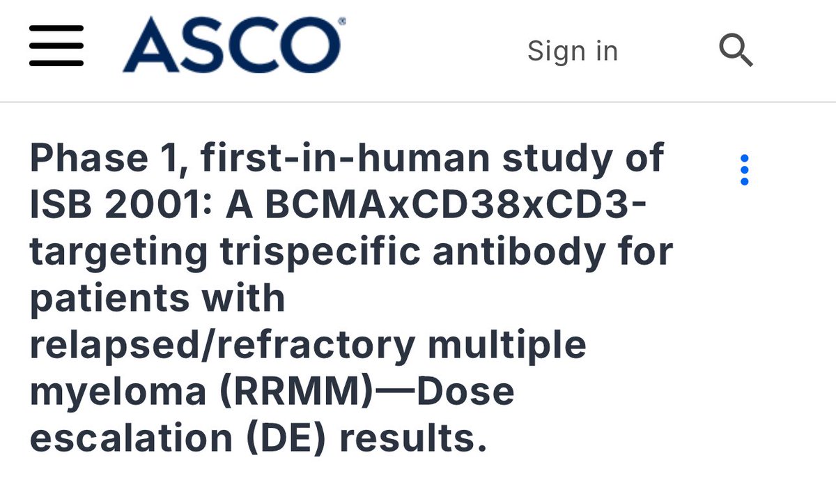 #ASCO25 Top myeloma abstracts #mmsm 

5️⃣ ISB 2001: A BCMAxCD38xCD3-targeting trispecific antibody

➡️ meetings.asco.org/abstracts-pres…

✅n=24
✅ ORR: 82% at doses ≥50 µg/kg

🛑Will be imp to see how triple class referactory and penta drug referactory (not only exposed) will do