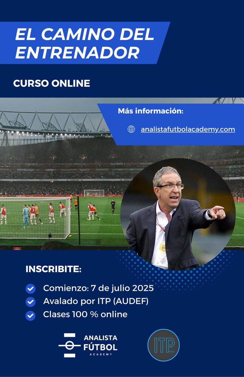 AnalistaFutbolAcademy (@analistafutbola) on Twitter photo El Camino del Entrenador es un curso on line que recorre las diferentes etapas hasta llegar a la alta competencia. Los docentes a cargo son <a href="/GerardoPelusso/">Gerardo Pelusso</a> Alejandro Garay <a href="/gustavoroverano/">Gustav⚽️ Roveran⚽️</a> <a href="/ezammarelli/">Estefano Zammarelli</a> <a href="/CataRoque/">Walter Roque</a>
Curso avalado por <a href="/itpaudef/">ITP AUDEF</a> Más info: analistafutbolacademy.com El Camino del Entrenador es un curso on line que recorre las diferentes etapas hasta llegar a la alta competencia. Los docentes a cargo son <a href="/GerardoPelusso/">Gerardo Pelusso</a> Alejandro Garay <a href="/gustavoroverano/">Gustav⚽️ Roveran⚽️</a> <a href="/ezammarelli/">Estefano Zammarelli</a> <a href="/CataRoque/">Walter Roque</a>
Curso avalado por <a href="/itpaudef/">ITP AUDEF</a> Más info: analistafutbolacademy.com