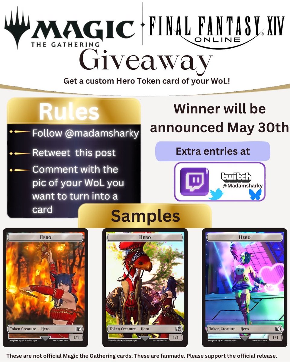 MadamSharky's tweet photo. 🌟  GIVEAWAY 🌟 

1 winner will get their own Hero Token Card from Magic the Gathering
*This is not an official card, please support the official release*

To enter: 
- RT 
- follow
- comment with the Pic of your WoL you want to use if you win

Good luck ! 🎐✨

#MTGxFINALFANTASY https://t.co/gfJnWkSb3h