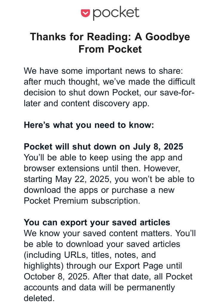 modotca's tweet photo. Sad to know that @pocket is shutting down. I’ve been using it for years and really loved it! https://t.co/eJnueGOMiA