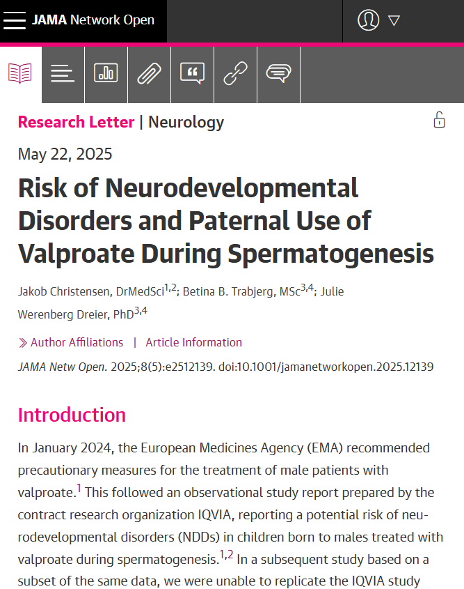 JAMANetworkOpen's tweet photo. This study does not find an increased risks of neurodevelopmental disorders associated with paternal use of valproate during spermatogenesis, suggesting that paternal exposure is unlikely to pose any major risk for the offspring. https://t.co/PagVFFFsaD https://t.co/zvQ0Zymg1Z