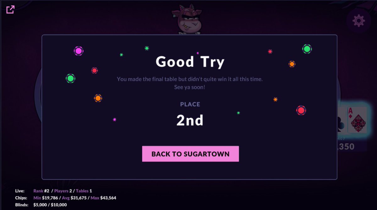 Played the test poker game for <a href="/visitsugartown/">Sugartown</a> 

Worked perfectly, except it's still rigged. 

Thank you for handling the issue like an absolute BOSS and getting us degens back on the virtual felt faster than camol shoves all-in with a 7-2 offsuit in the pocket.