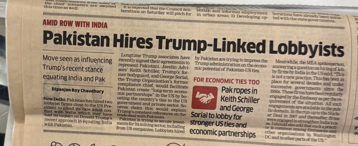 Dipanjan R Chaudhury (@dipanjanet) on Twitter photo Close aides of Trump gets contract from Pakistan to lobby for its interests. Pak seeks to promote critical mineral partnership with USA through lobbyists. This would have influenced Trumps constant reference on trade deal with Pak & equating it with India — My report Close aides of Trump gets contract from Pakistan to lobby for its interests. Pak seeks to promote critical mineral partnership with USA through lobbyists. This would have influenced Trumps constant reference on trade deal with Pak & equating it with India — My report