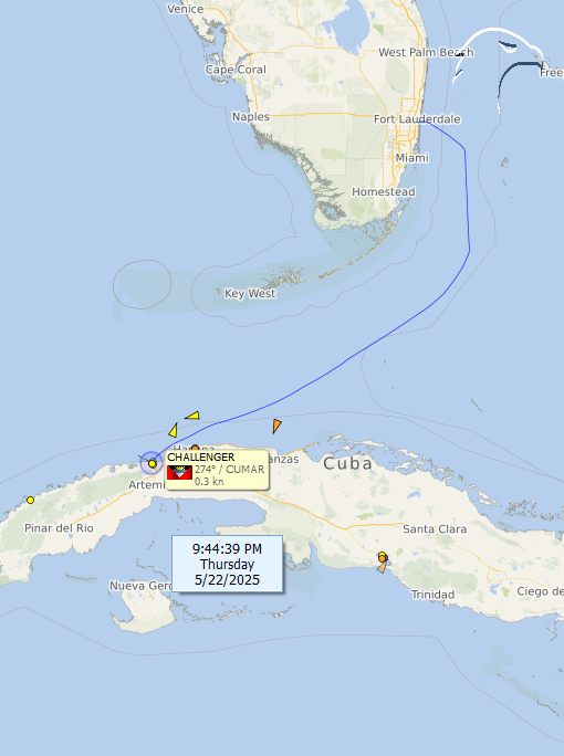 FlconEYES's tweet photo. CHALLENGER 9114787 
Buque de carga por contenedores  
#FortLauderdale-#Mariel  

Con otro viaje más sin #EmbargoCuba #BloqueoCuba   

Capacidad: 390 TEU Unidades de contenedores 
Cala: 5.1/5.8m a FULL   
#Now #Cuba #AIS #cubarcos #22May https://t.co/JUfpbLqTMk