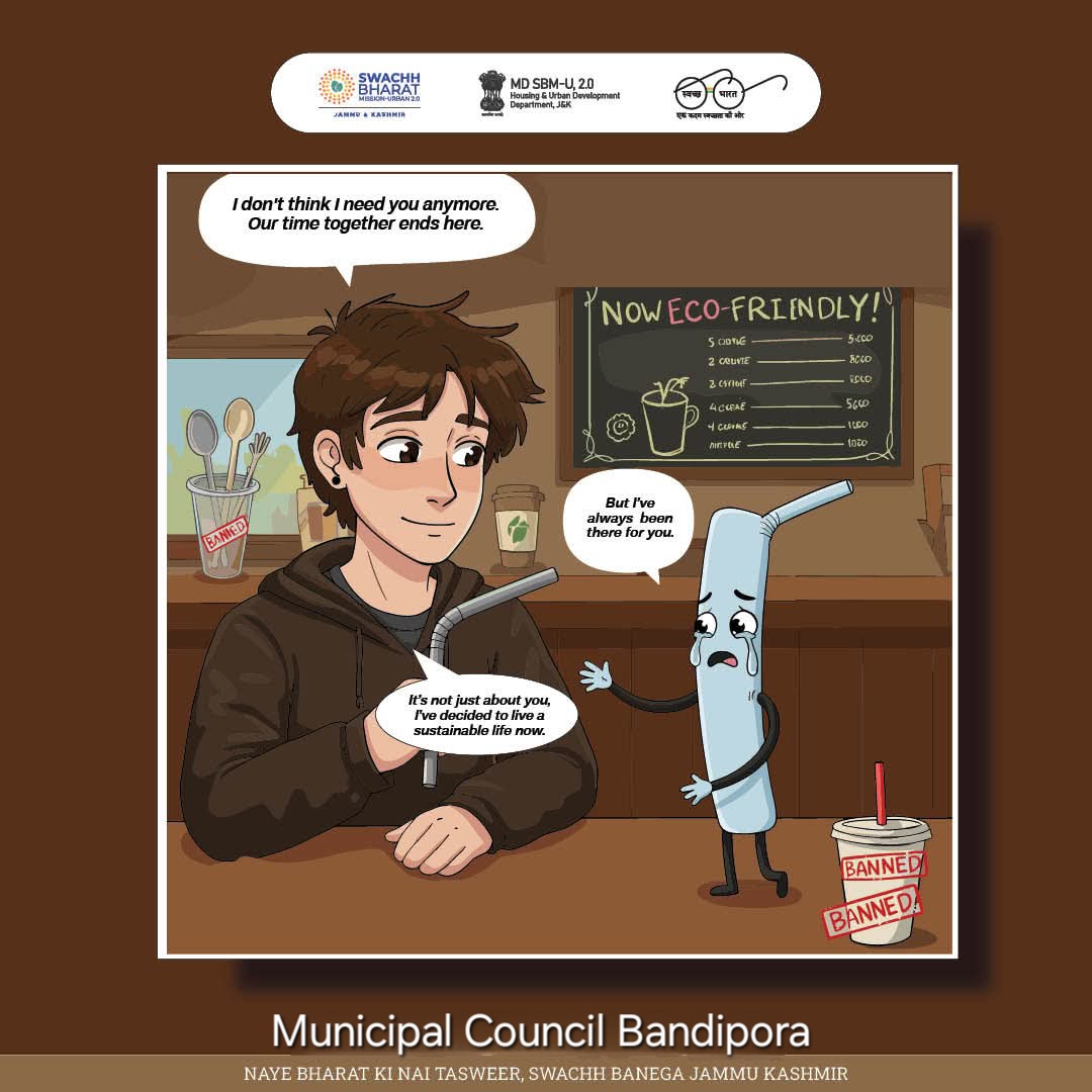 CEOMCBANDIPORA's tweet photo. Bye-bye plastic straw!
It’s not just a breakup—it's a step toward a sustainable future.
Bandipora chooses eco-friendly!

#PlasticFreeBandipora #EcoSwitch #SwachhBharat #MCBandipora
@JKHUDD1 @dcbandipora @DULBKASHMIR @md_sbm https://t.co/yIWzQmvNSn