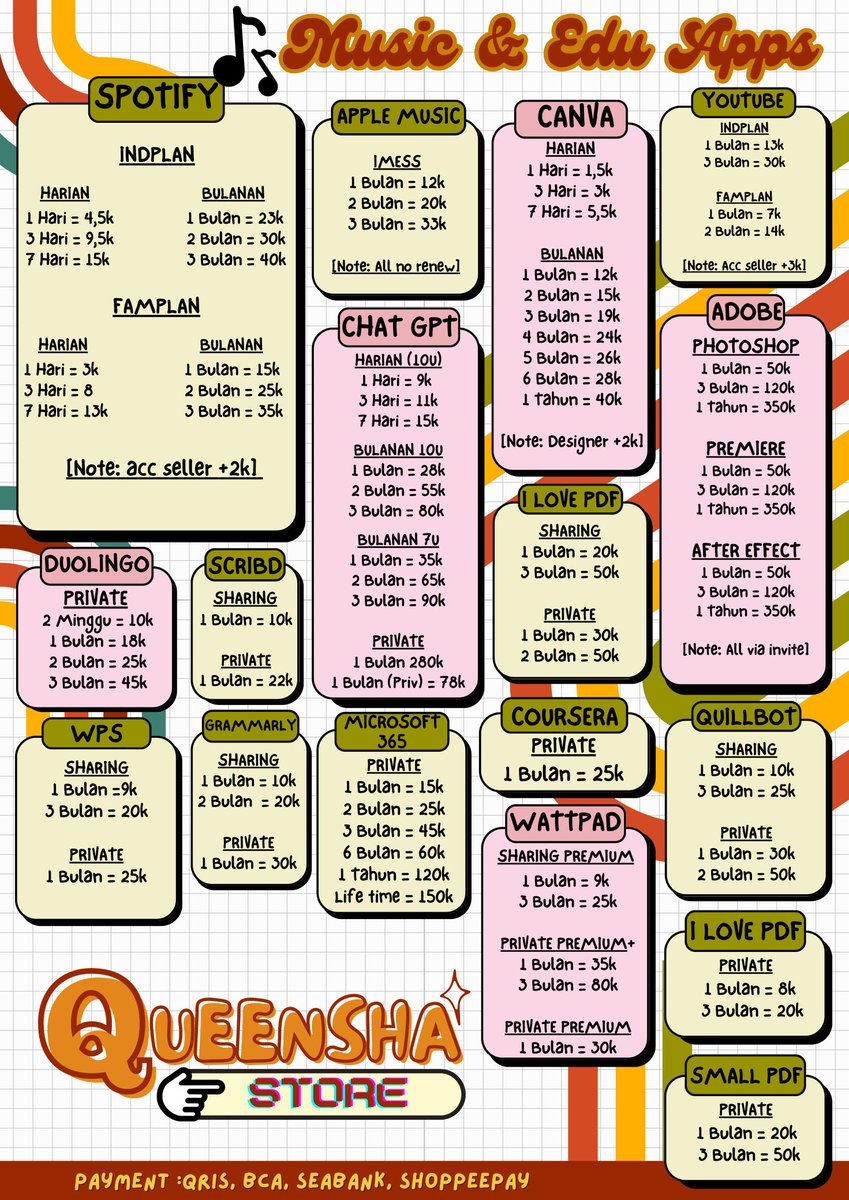 queencystores's tweet image. Hiii everyonee! aku sedia streaming apps, music and education apps, editing apps, games and study apps, nokos (nomor kosong), cek turnitin, sosneeds, others.. 

yang sering jajan di aku, nanti akan ada giftt dari akuuu 😍
#zonauang
#zonajajan
☎️ wa.me/6283128618925