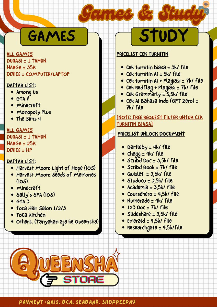 queencystores's tweet image. Hiii everyonee! aku sedia streaming apps, music and education apps, editing apps, games and study apps, nokos (nomor kosong), cek turnitin, sosneeds, others.. 

yang sering jajan di aku, nanti akan ada giftt dari akuuu 😍
#zonauang
#zonajajan
☎️ wa.me/6283128618925