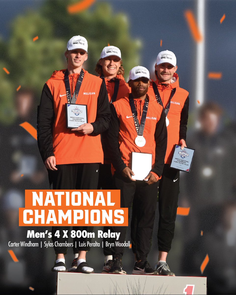 Milligan University Athletics (@milliganbuffs) on Twitter photo ๐ก๐๐ง๐๐ข๐ก๐๐ ๐๐๐๐ ๐ฃ๐๐ข๐ก๐ฆ๐๐๐จ๐ค
Milligan men's 4x800m relay team-Carter Windham, Bryn Woodall, Sylas Chambers, and Luis Peralta-claimed the NAIA outdoor title with a season-best, school-record time of 7:30.14! Congratulations!๐ธ
#buffnation๐ฆฌ ๐ก๐๐ง๐๐ข๐ก๐๐ ๐๐๐๐ ๐ฃ๐๐ข๐ก๐ฆ๐๐๐จ๐ค
Milligan men's 4x800m relay team-Carter Windham, Bryn Woodall, Sylas Chambers, and Luis Peralta-claimed the NAIA outdoor title with a season-best, school-record time of 7:30.14! Congratulations!๐ธ
#buffnation๐ฆฌ