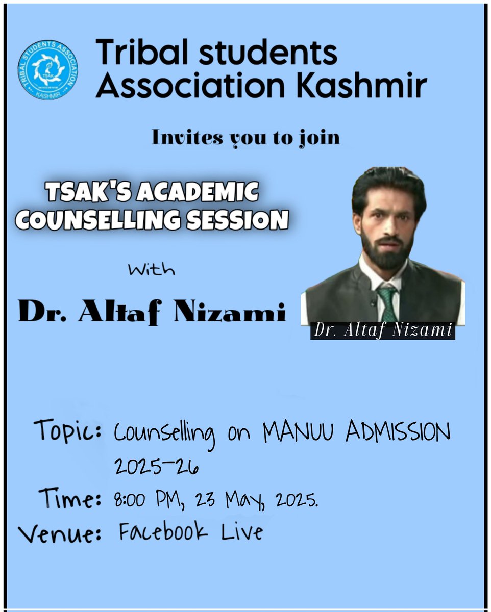 Join TSAK's Academic Counselling Session with Dr. Altaf Nizami on MANUU Admission 2025-26, live on Facebook at 8:00 PM, 23 May 2025!