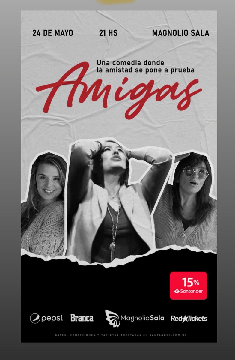💥¡GRAN RE ESTRENO!💥
🎭 *AMIGAS* 🎭
Una comedia donde la amistad se pone a prueba
Dirección y adaptación: Enrique Peña.
Elenco:
👰🏼‍♀Cecilia Garate
💁🏼‍♀️Gaby Pazos 
🙎🏽‍♀️Sandra Rodríguez
*SÁBADO  24 de Mayo *
📍 21hs en  Magnolio Sala 
🎫 Entradas únicamente por *RedTickets*