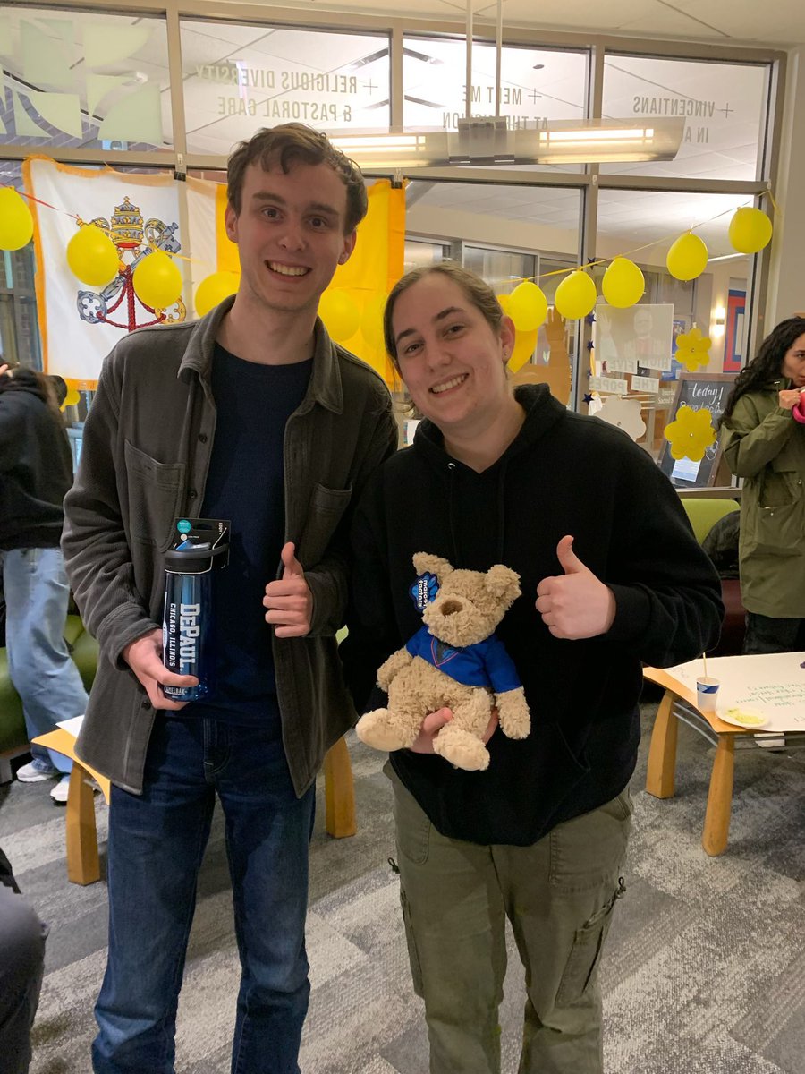 depaulccm's tweet photo. This was such a fun day! We high-fived our beloved Pope Francis and newly appointed Pope Leo XIV, we had some delicious cake, and our friends Taylor, Ben, and Manny won prizes for correctly answering trivia questions on Pope Leo! Thank you to everyone who participated! https://t.co/3IISfPBLL5