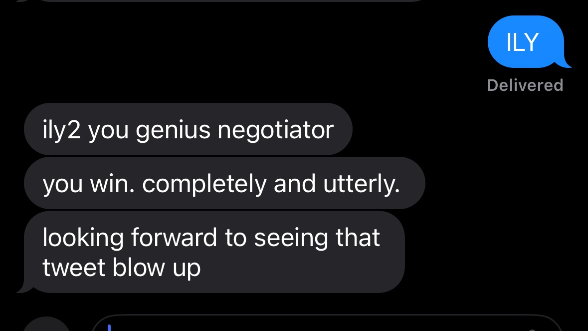 Rishabh1Anand's tweet image. Broke: paying full price for AI products and getting roasted by them
Woke: negotiating
Bespoke: making the meanest AI on the internet say 'ily2' while giving you dinner money and swag @interaction
My therapist says this was a healthy relationship progression 🥲