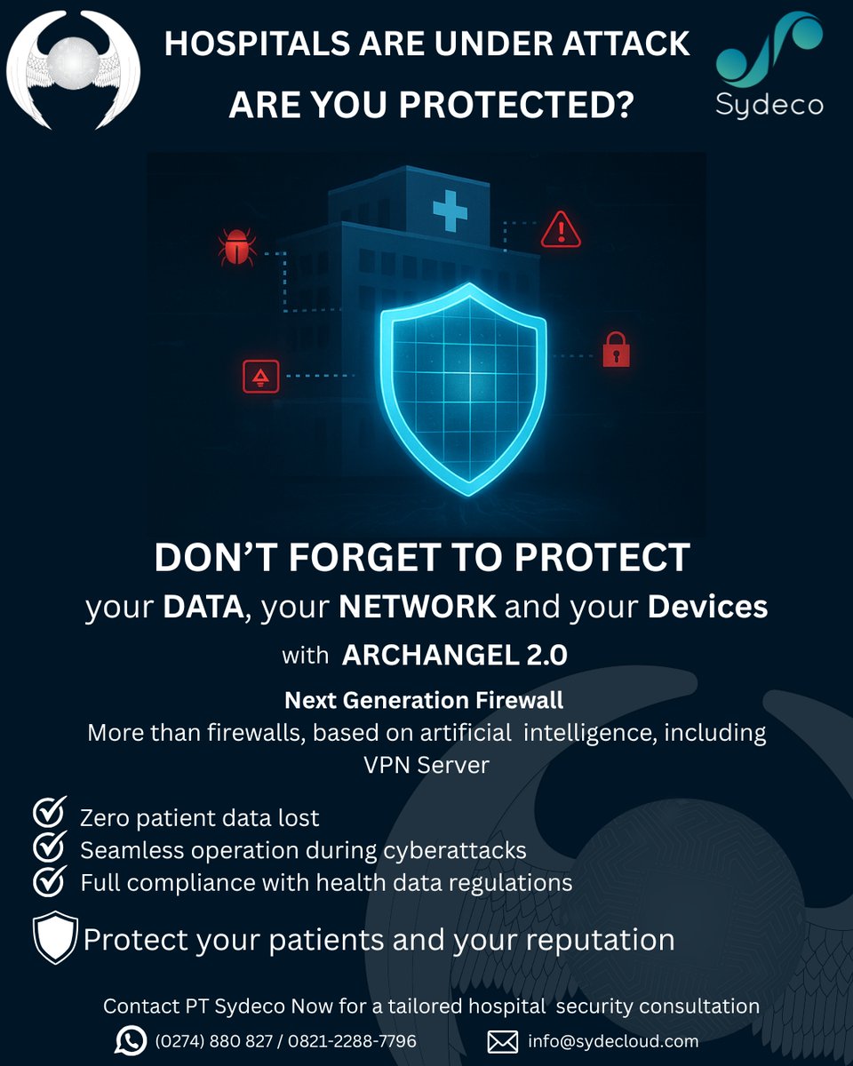 sspsydecoid's tweet image. 🚨 Rumah sakit jadi target serangan siber!
Lindungi DATA, JARINGAN INTERNET &amp;amp; PERANGKAT anda dengan ARCHANGEL 2.0 – Firewall AI + VPN Server.
✅ Semua data aman
✅ Operasional Lancar
✅ Patuh regulasi
📞 0821-2288-7796 
📧 info@sydecloud.com
#KeamananSiber #FirewallAI #RumahSakit
