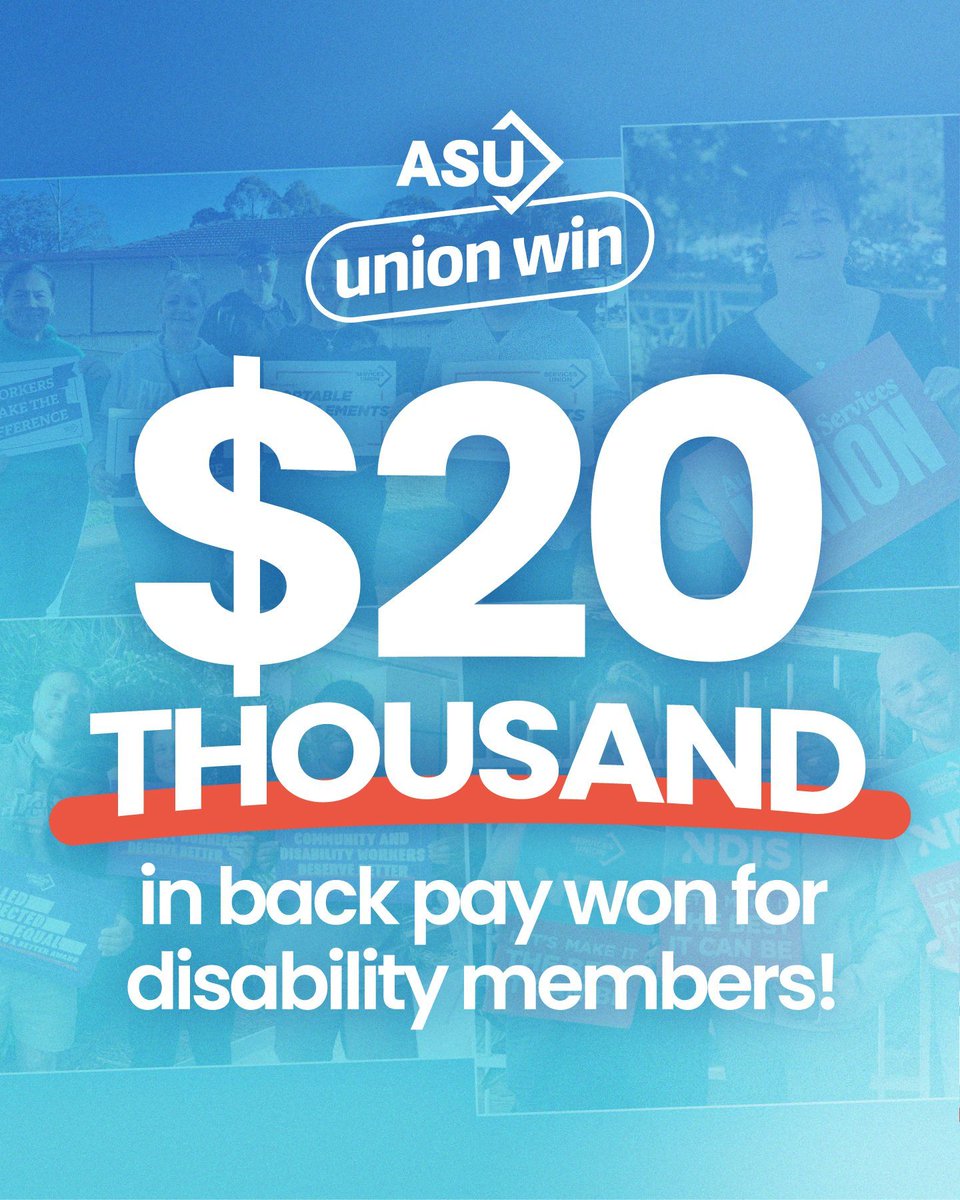 asu_nsw_act's tweet photo. $20,000 in back pay won back for disability workers at a large NDIS provider!
ASU members weren’t being paid correctly and now have $20,000 back in their pockets.
It pays to be ASU.
#ASU proud #DisabilityWorkers #NDIS https://t.co/vTKBpTNrWv