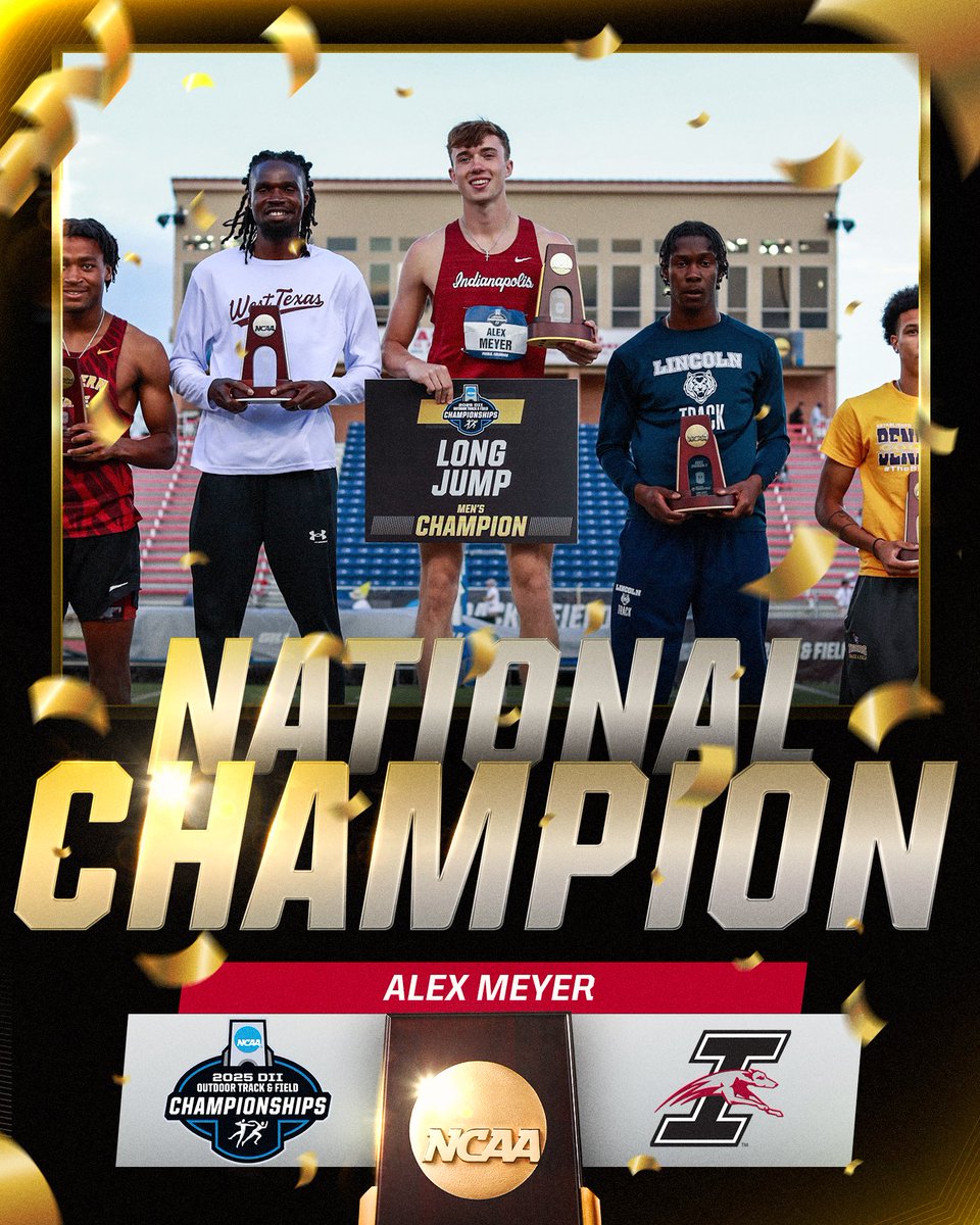 NCAA Division II (@ncaadii) on Twitter photo Alex Meyer of <a href="/UIndyTrack/">UIndy Track & Field</a> is the 2025 DII Outdoor Men’s Long Jump Champion!
#D2MOTF | #MakeItYours Alex Meyer of <a href="/UIndyTrack/">UIndy Track & Field</a> is the 2025 DII Outdoor Men’s Long Jump Champion!
#D2MOTF | #MakeItYours