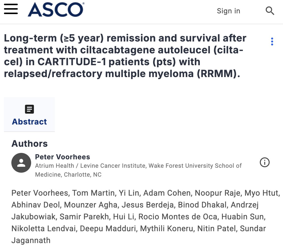 5/ #ASCO25 #MMsm CAR-T:

7507 CARTITUDE-1 (<a href="/PlasmaCellPete/">Plasma Cell Pete</a>): One-third of pts alive &amp; disease-free 5 years (!) after CAR-T &amp; no maintenance 👏

Enrolled 2018-2019, median 6 prior LOT: these pts otherwise would have died.

Just need to turn 33% to 100%!

meetings.asco.org/abstracts-pres…