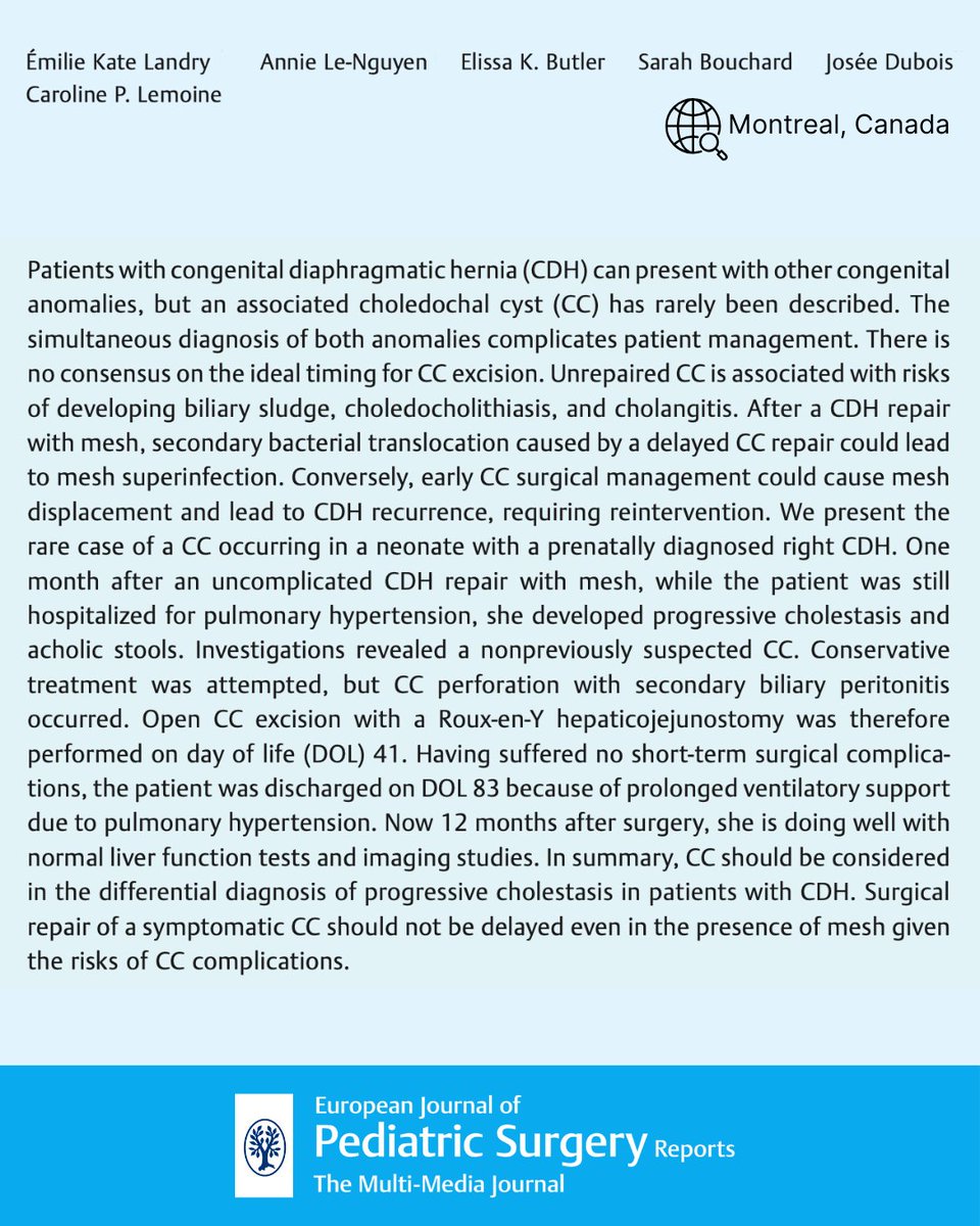 EJPS_Reports's tweet photo. ๐งฌ Rare neonatal case: A newborn with #CDH diagnosed an #choledochalcyst, leading to biliary peritonitis post-mesh repair.
Early surgery (Roux-en-Y) saved her.
๐ In CDH + cholestasis: Think CC early. Don't delay surgery.
#PedsSurg #ejps #some4pedsurg https://t.co/4HVLetxqhY