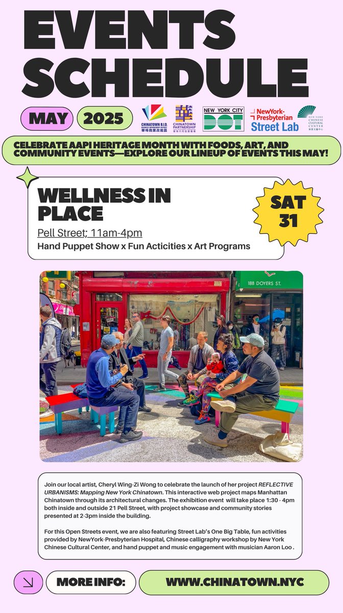 Chinatown NYC (@chinatownnyc) on Twitter photo Join us next Sat 5/31 for our Wellness in Place event on Pell Street. Free activities and performances by <a href="/streetlab/">Street Lab</a> & NY Chinese Cultural Center. Join us next Sat 5/31 for our Wellness in Place event on Pell Street. Free activities and performances by <a href="/streetlab/">Street Lab</a> & NY Chinese Cultural Center.
