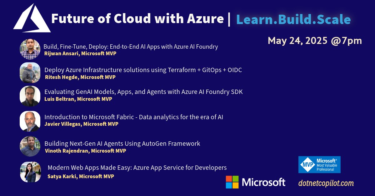 SatyaKarki's tweet image. 🎯 FREE online event! “Future of Cloud with Azure — Learn, Build, Scale” 🗓 May 24 2025 (7 PM NPT | 9:15 PM PHT) 🚀 Demos, AI/ML, serverless, DevOps & more. RSVP ➡️ meetup.com/cloud-experts-… #FutureWithAzure #AzureCloud