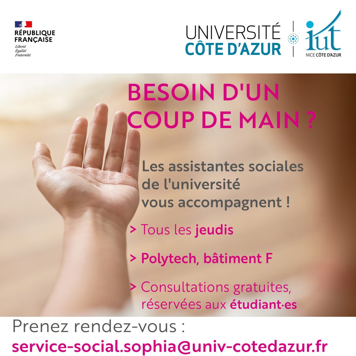 #SSU ⚕
Consultation d'aide sociale #Gratuite pour les étudiant·es !
👉 Site de Sophia Antipolis : Tous les jeudis
Proposé par le Service de Santé Universitaire d'@univ_cotedazur
#IUTNCA
#UnivCotedAzur
#Nice06