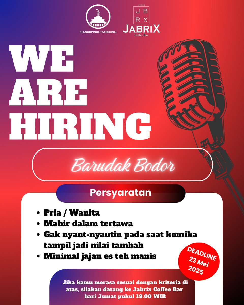 P info loker yeuhh, alias lowongan ketawa rame-rame 😚

Silakan yang mau nonton open mic kita langsung datang ke jabrix coffee malam ini jam 19.00. Nonton gratis, jajan bayar masing-masing ✨

#openmicstandupindobdg 
#MoalKaduhung