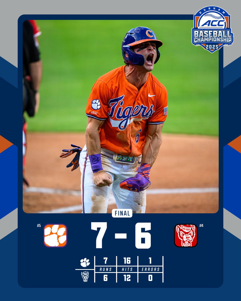 ACCBaseball's tweet photo. TIGER TOUGH 😤

@ClemsonBaseball is headed to the 2025 ACC Baseball Championship semifinals! https://t.co/wSAKoZt7lF