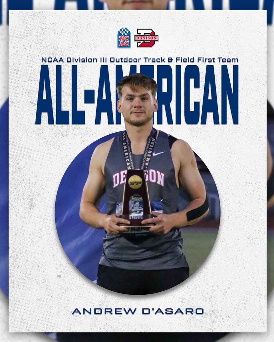 NCAC (@ncac) on Twitter photo π¨ All-American Alert π¨
Congratulations to <a href="/DenisonSports/">denisonsports</a>' Andrew D'Asaro on earning First-Team All-America honors with an eighth-place javelin throw of 63.02 meters at the <a href="/NCAADIII/">NCAA Division III</a> Championships. #NCACPride π¨ All-American Alert π¨
Congratulations to <a href="/DenisonSports/">denisonsports</a>' Andrew D'Asaro on earning First-Team All-America honors with an eighth-place javelin throw of 63.02 meters at the <a href="/NCAADIII/">NCAA Division III</a> Championships. #NCACPride