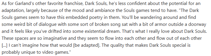 Nathan_Chan132's tweet image. I did a bit of research after Alex Garland was announced as the director/writer for the Elden Ring movie, and I found some pretty interesting stuff he's said about Dark Souls. I don't know if this will be comforting or worrying, but I just wanted to compile them