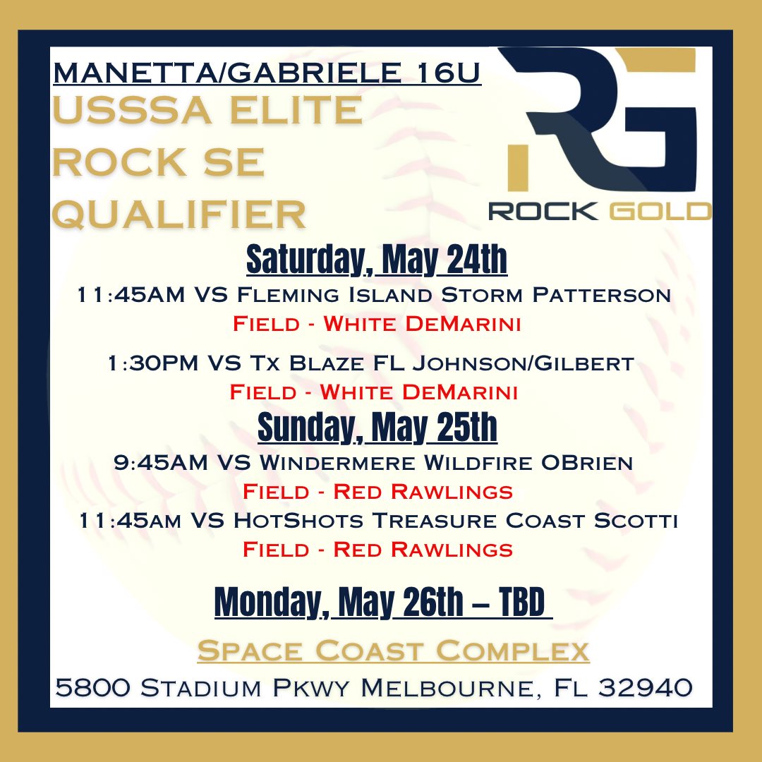 First tournament is the this weekend! Heading to Viera for <a href="/USSSA/">USSSA</a> Elite Rock Qualifier! Come check us out!