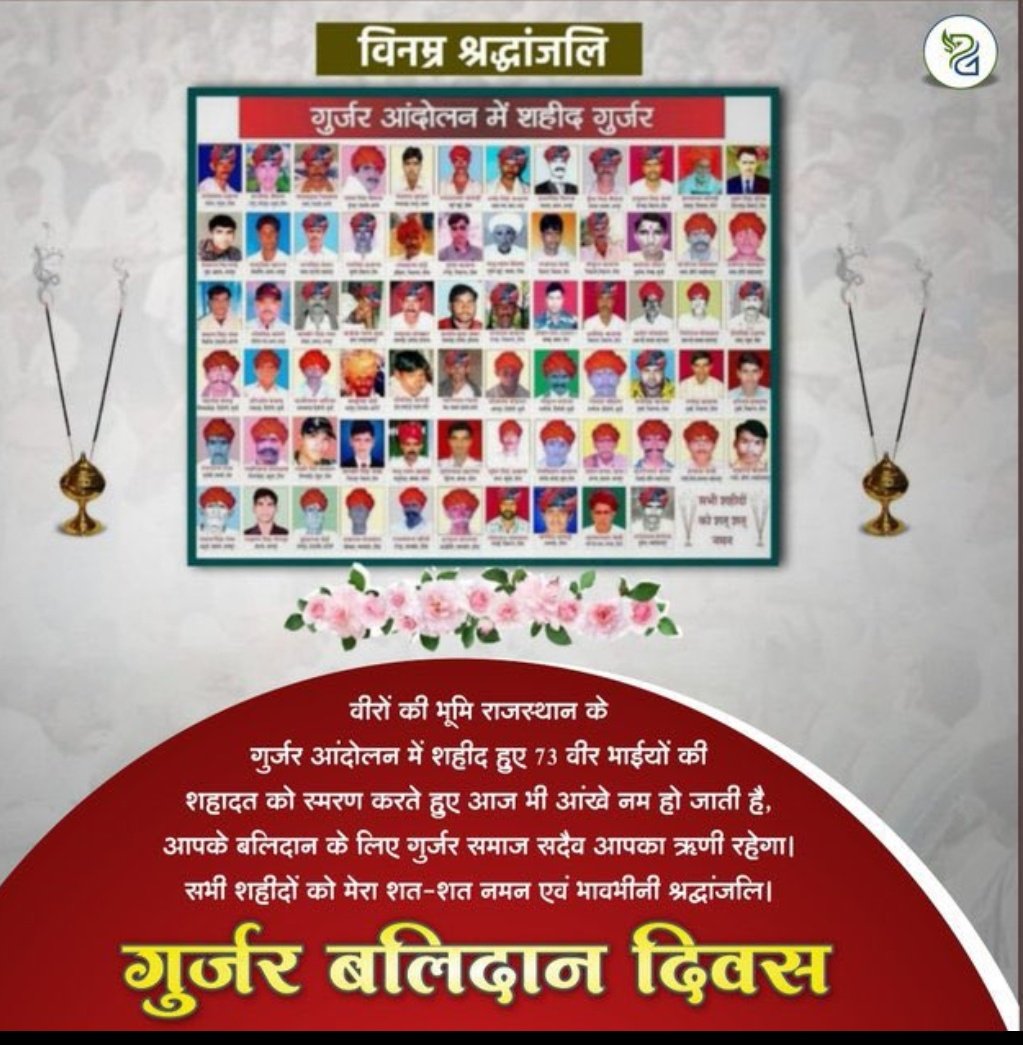 शरीर में जो लहू था,सारा जमीं को पिला दिया..
हम पर समाज का जो कर्ज था हमने पूरा चुका दिया
{23 मई 2008}
गुर्जर समाज के हक और स्वर्णिम भविष्य के लिए अपने प्राणों का बलिदान देने वाले सभी वीर गुर्जर अमर शहीदों को श्रद्धांजलि अर्पित करता हूँ
#गुर्जर_शहीद_दिवस #गुर्जर_आंदोलन_बलिदान_दिवस