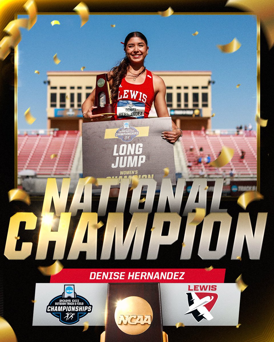 NCAA Division II (@ncaadii) on Twitter photo Cleared for takeoff 🛫
Denise Hernandez of <a href="/LewisWTandF/">Lewis Women's T&F</a> is the 2025 NCAA DII Outdoor Women’s Long Jump National Champion!
#D2WOTF | #MakeItYours Cleared for takeoff 🛫
Denise Hernandez of <a href="/LewisWTandF/">Lewis Women's T&F</a> is the 2025 NCAA DII Outdoor Women’s Long Jump National Champion!
#D2WOTF | #MakeItYours