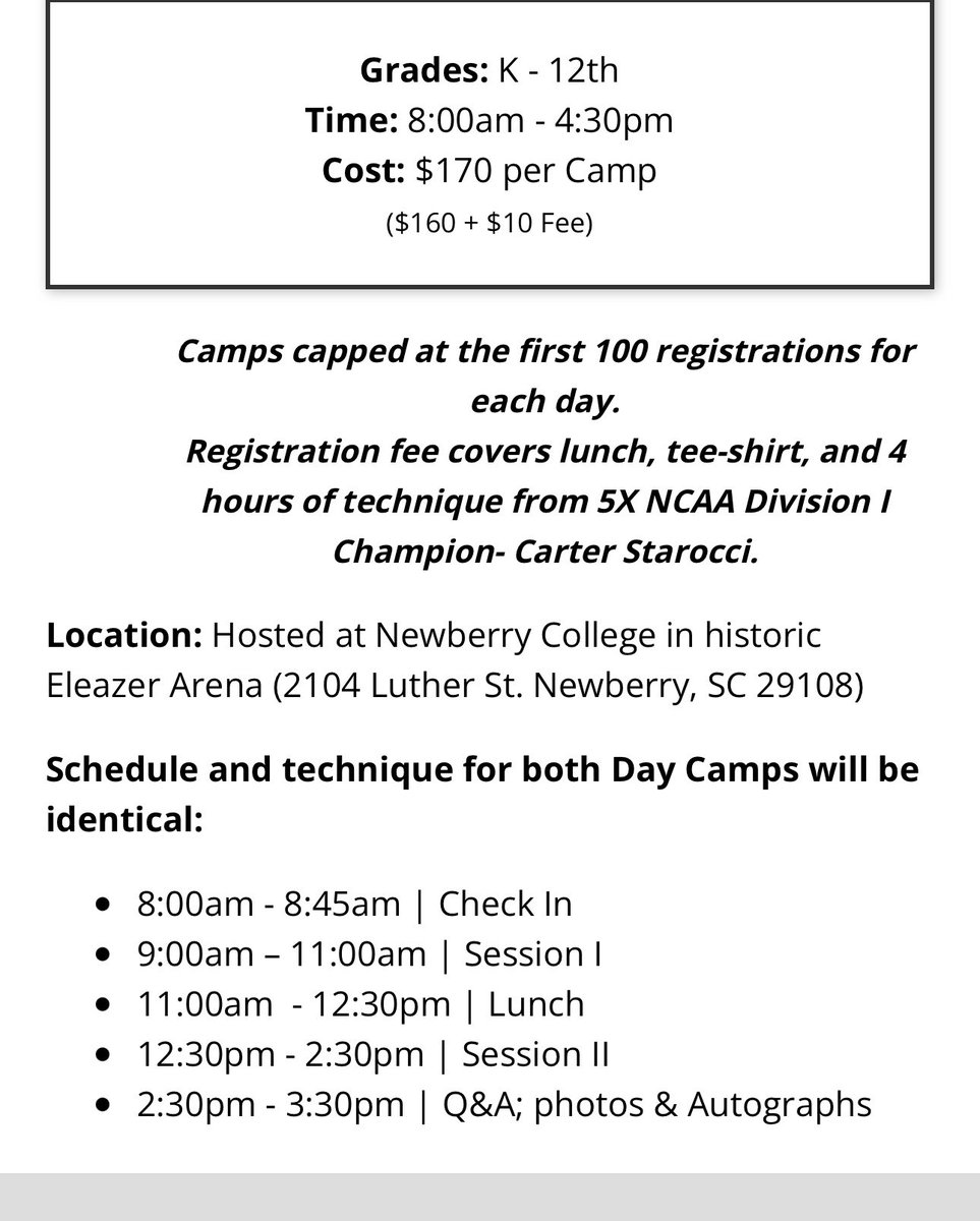 Want to train with the first 5X NCAA champion? Carter Starocci will be at Newberry College July 19-20. Don’t miss this opportunity!!!

register.ryzer.com/camp.cfm?sport…
