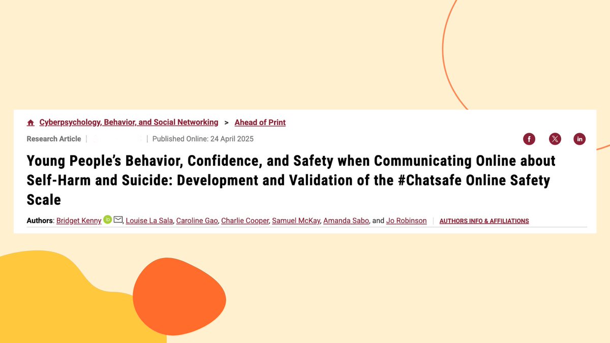 There's lots of talk about youth online safety and mental health. But not enough evidence.

That’s why we developed the #chatsafe Online Safety Scale, a new tool to assess how safely young people communicate online about self-harm and suicide.

Read more👉 bit.ly/43cZl5m