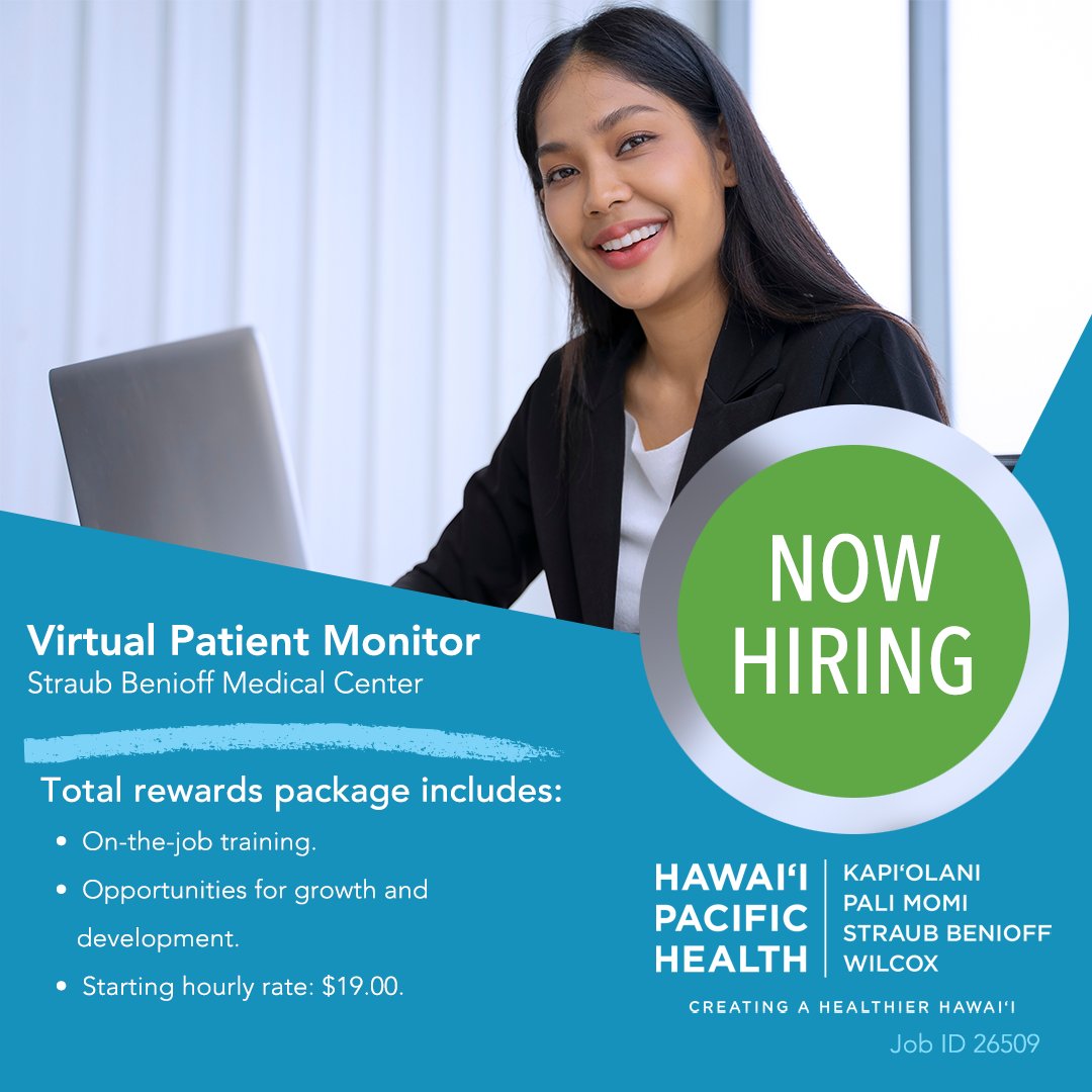 High school graduates! Discover your full potential in health care technology by joining the dynamic team at Straub Benioff Medical Center as a Virtual Patient Monitor. Learn more and apply today 👉🏼 bit.ly/3VAMVjs #careers #employment