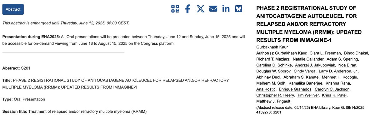 Rahul Banerjee, MD, FACP (@rahulbanerjeemd) on Twitter photo 9/ #EHA2025 #MMsm CAR-T:
Not #ASCO25 per se but of course must add:
S201 iMMagine-1 (<a href="/GKaurMD/">Gurbakhash Kaur</a>): Per press release, now n=117 anito-cel recipients (3+ prior LOT).
MRD neg 70/117, 12-mo PFS 79%.
๐
๐ผโโ๏ธ MNTs, ๐
๐ผโโ๏ธ parkinsonism, ๐
๐ผโโ๏ธ IEC enterocolitis. I hope this gets approved ASAP! 9/ #EHA2025 #MMsm CAR-T:
Not #ASCO25 per se but of course must add:
S201 iMMagine-1 (<a href="/GKaurMD/">Gurbakhash Kaur</a>): Per press release, now n=117 anito-cel recipients (3+ prior LOT).
MRD neg 70/117, 12-mo PFS 79%.
๐
๐ผโโ๏ธ MNTs, ๐
๐ผโโ๏ธ parkinsonism, ๐
๐ผโโ๏ธ IEC enterocolitis. I hope this gets approved ASAP!
