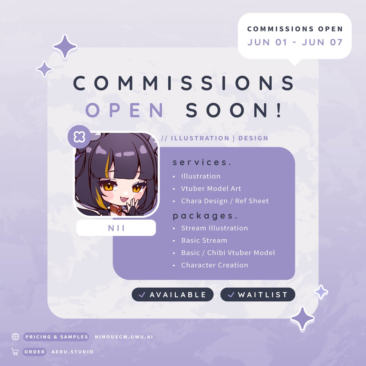 【 cms open ✦ soon ! 】  

after half a year, I'm ready to open again! 🥳
will be accepting vtuber model art (full or chibi), 
character design and illustration! 

+ rigging package with discount available!

📅 1st june | 1200 PDT 