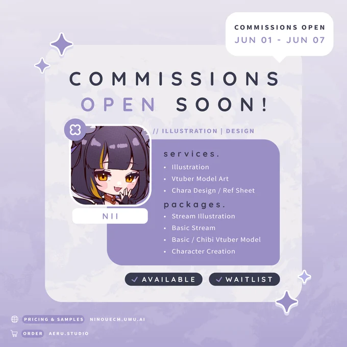 【 cms open ✦ soon ! 】  

after half a year, I'm ready to open again! 🥳
will be accepting vtuber model art (full or chibi), 
character design and illustration! 

+ rigging package with discount available!

📅 1st june | 1200 PDT 