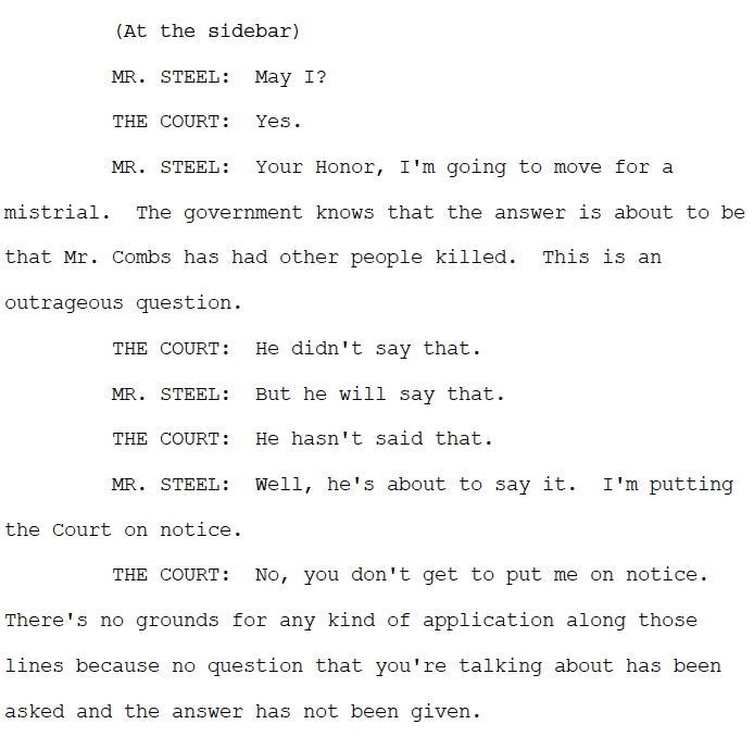 meghanncuniff's tweet photo. The judge was not having it.

Judge Subramanian: "He didn't say that."

Steel: "But he will say that."

 Judge: "He hasn't said that."

Steel: "Well, he's about to say it. I'm putting
the Court on notice."

Judge: "No, you don't get to put me on notice."