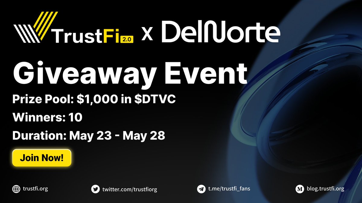 🎉 TrustFi x DelNorte are teaming up to host an exciting giveaway for our awesome community!

🪂 Prize Pool: $1,000 in $DTVC for the Top 10 Winners

⏰ Duration: May 23 - May 28

➡️How to Join:
- Follow <a href="/delnorte_io/">DelNorte Terra Vision</a> 
- Like &amp; Comment your EVM wallet address
- Tag 3 friends
-