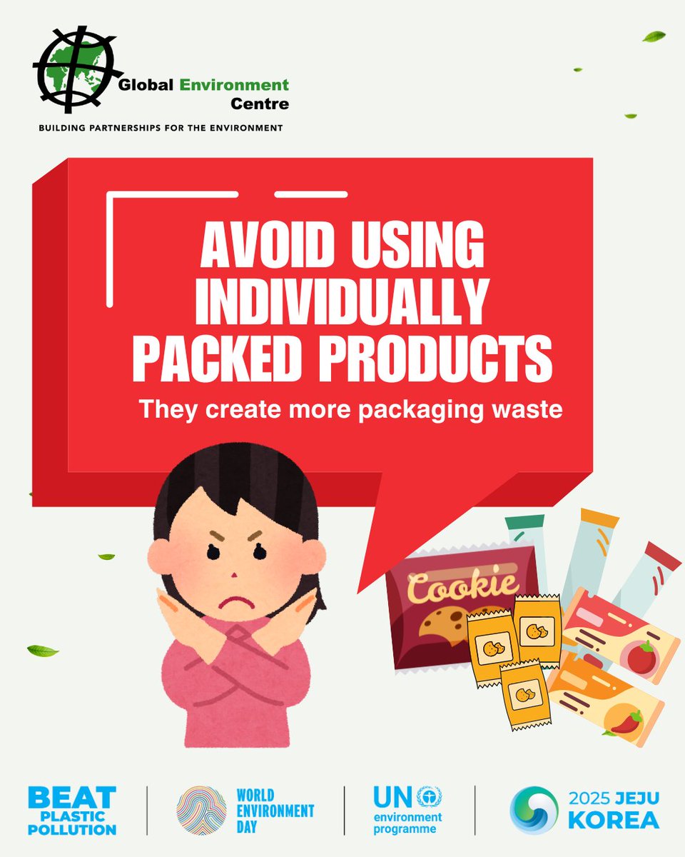 June 5 is #WorldEnvironmentDay, and this year is all about collective action to #BeatPlasticPollution

Let's join the movement:
✅Skip products with individually packed items or sachets. They often create unnecessary waste and harm our planet.

#NoPlastic #globalenvironmentcentre