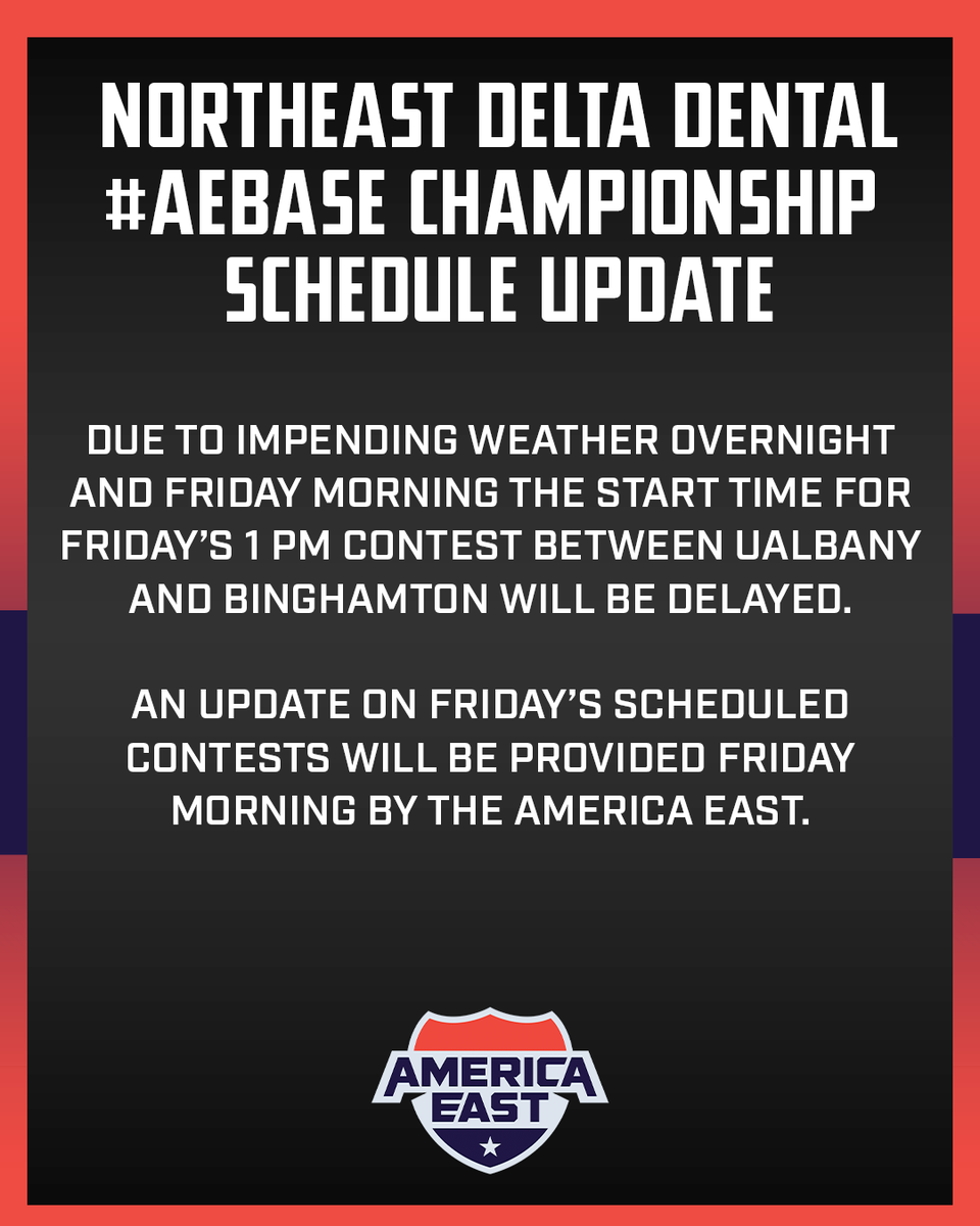 America East (@americaeast) on Twitter photo Tomorrow's opening contest between <a href="/UAlbanyBaseball/">UAlbany Baseball</a> and <a href="/BinghamtonBASE/">Binghamton Baseball</a> will be delayed. Tomorrow's opening contest between <a href="/UAlbanyBaseball/">UAlbany Baseball</a> and <a href="/BinghamtonBASE/">Binghamton Baseball</a> will be delayed.