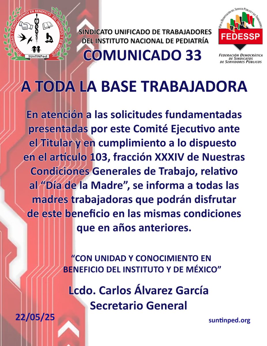#Enterate
#diadelasmadres2025
#Comunicado 33
#ComiteEjecutivo
#suntinpedsiemprecontigo
<a href="/tin_ped/">SUnTINPed</a> 
<a href="/FedesspN/">FEDESSP Nacional</a>