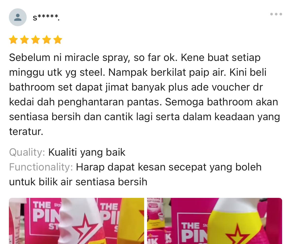 Dah tak yah nak sental kuat-kuat sampai sakit tangan. Product s.shopee.com.my/8fFWH4YLHq ni power terus bersih licin bilik air. Lumut semua hilang.

Ni set lengkap cuci bilik air : s.shopee.com.my/20icL6Yv7x 

Memang hari-hari ni aku cuci bilik air mak aku🤣