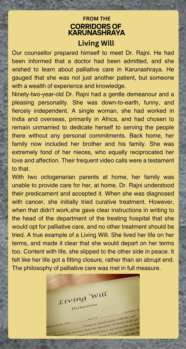 The Corridors of Karunashraya resonate with compelling stories that showcase resilience, autonomy, and a range of emotions. We proudly present the next story from this rich collection.

#shortstories #palliative #palliativecare #hospice #hospicecare #hospicelife #endoflifecare