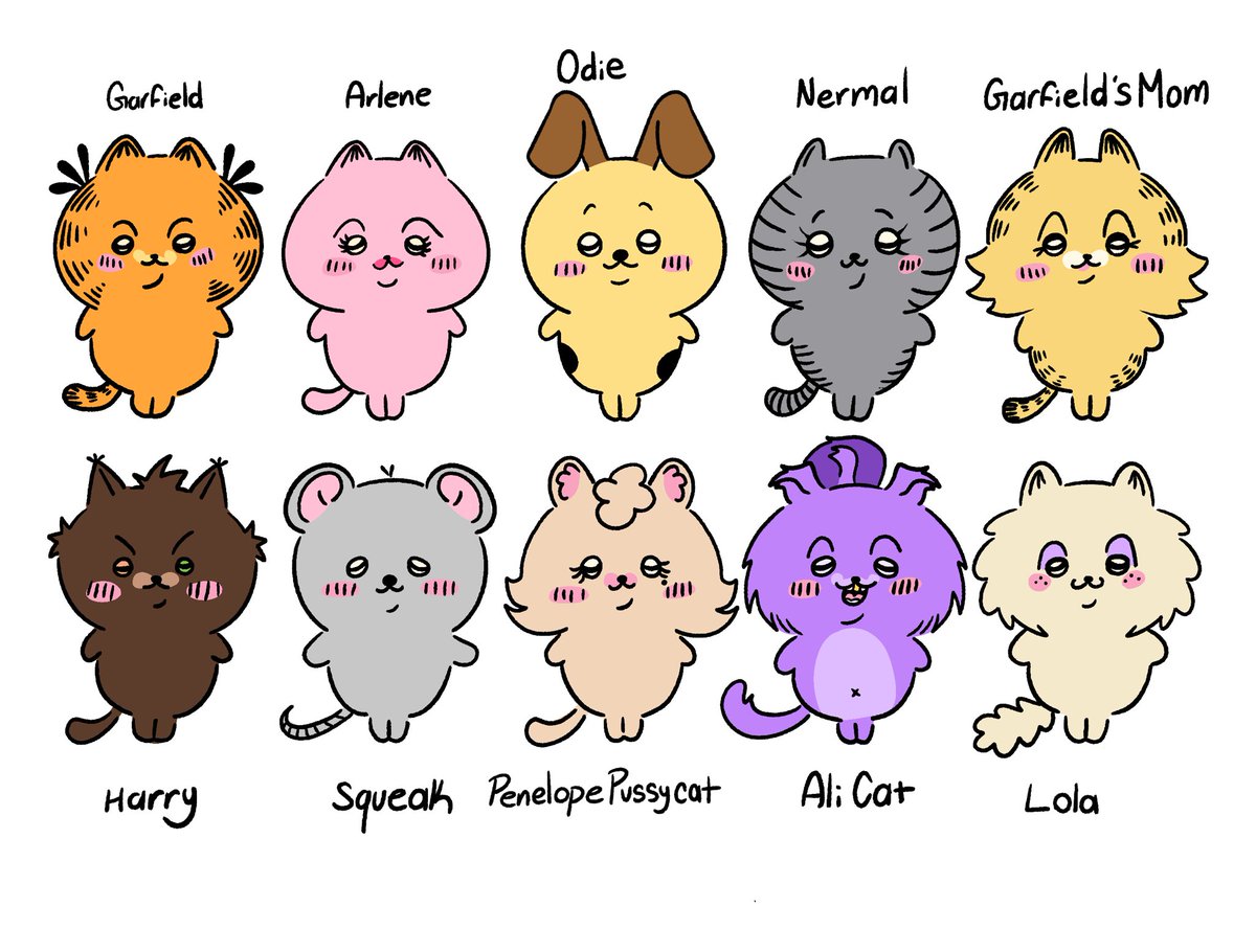 Garfield as chiikawalings
Main 4, garf mom and then a random assortment of characters