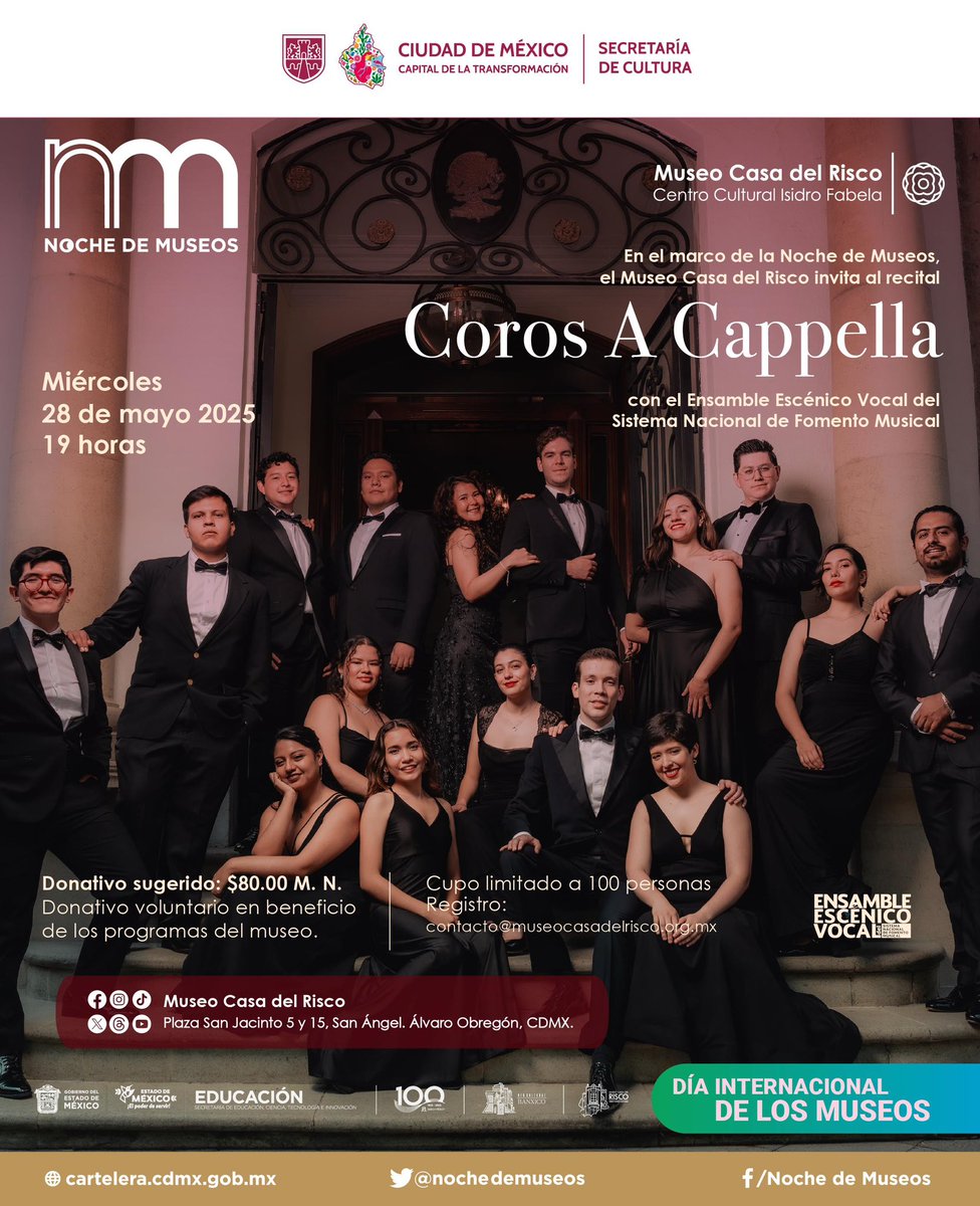 Coros A Capella en nuestra #NocheDeMuseos con el Ensamble Escénico Vocal del Sistema Nacional de Fomento Musical.  
¡No te lo pierdas!

📅 28 de Mayo de 2025
🕣 19HRS.
Donativo sugerido: $80MXN

#MuseosCDMX #cultura #museos #musicaenvivo